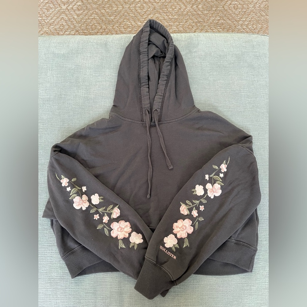 Hollister Charcoal Cropped Hoodie with Pink Floral Design